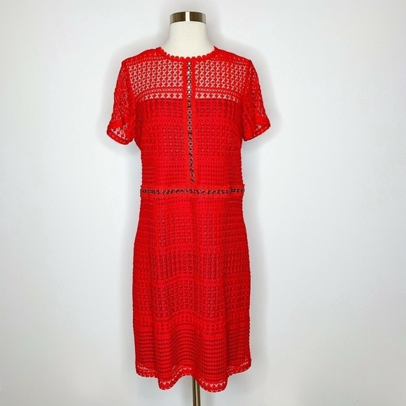 SPANNER Dress Red Lace Grommet Detail Short Sleeve - Picture 1 of 6